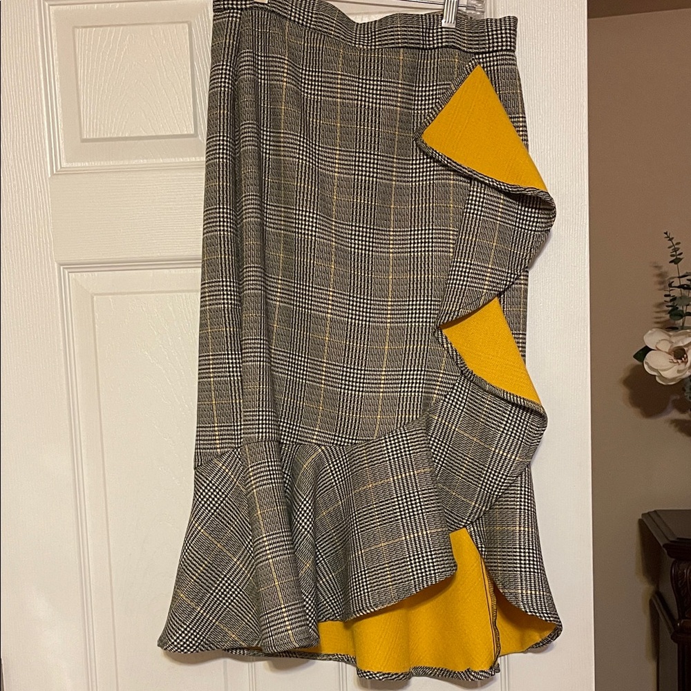 New York & Company Asymmetrical Plaid Skirt with Yellow Ruffles